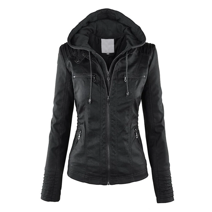 Damen Lederjacke schwarz mit Kapuze, Reißverschlüsse, modisch, Herbstbekleidung, elegant.