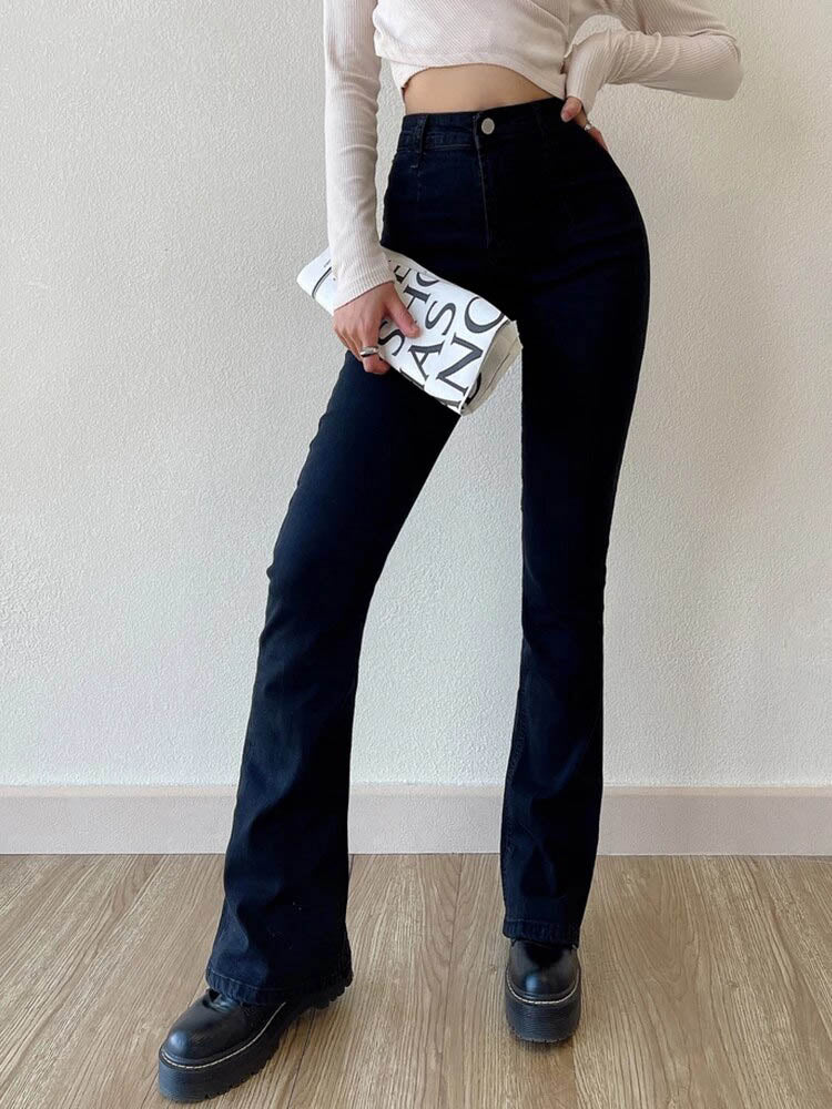 Damenjeans schwarz, Slim Flared, hoher Bund, lässig, bequem, Mon Ami, Mode, Streetwear.