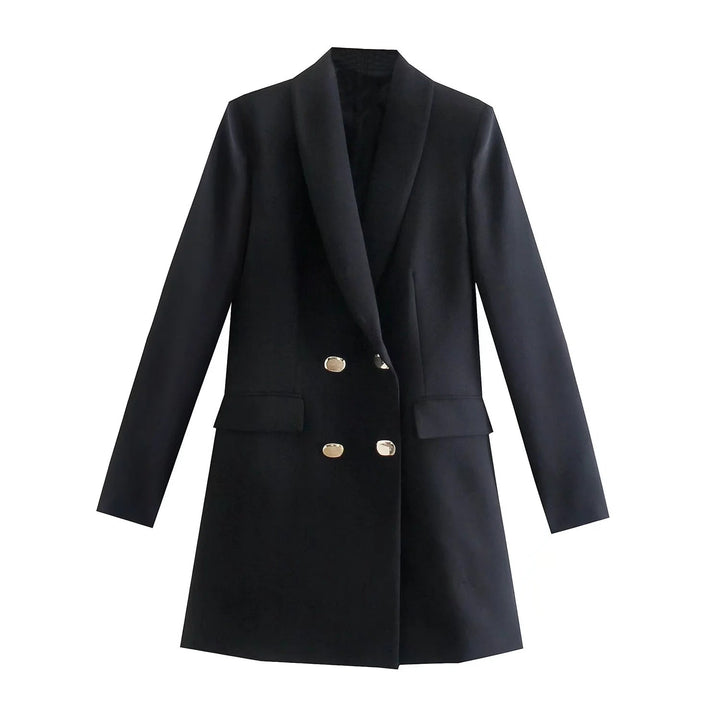 Schwarzer Damenblazer, zweireihig, mit goldenen Knöpfen, elegantes Design, Businessmode.