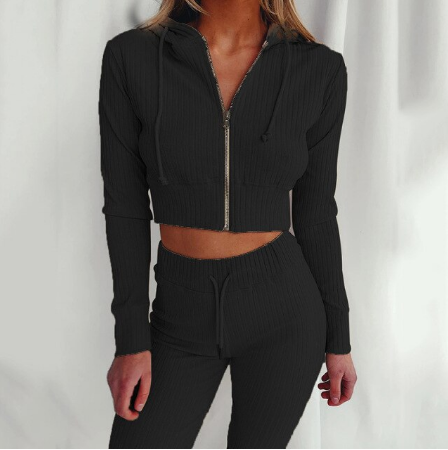 Damen-Sportanzug, schwarz, gerippt, Kapuzenjacke mit Reißverschluss, Jogginghose, Freizeitmode