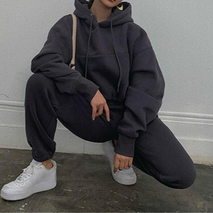 Dunkelgrauer Hoodie und Jogginghose Set, Damenmode, Freizeitkleidung, bequeme Passform
