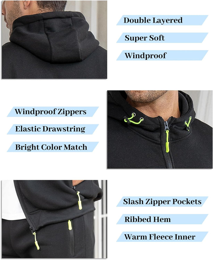 Schwarze Herrenjacke mit Kapuze, winddicht, doppellagig, Reißverschlusstaschen, elastischer Kordelzug.