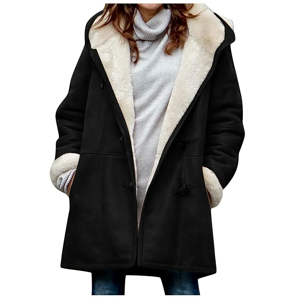 Damen Wintermantel schwarz, Lammfellfutter, Kapuze, warm, modisch, elegant, Winterbekleidung.