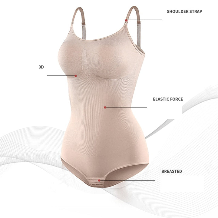 Beige Damen Shapewear Body, nahtlos, verstellbare Träger, figurformend, elastisch.