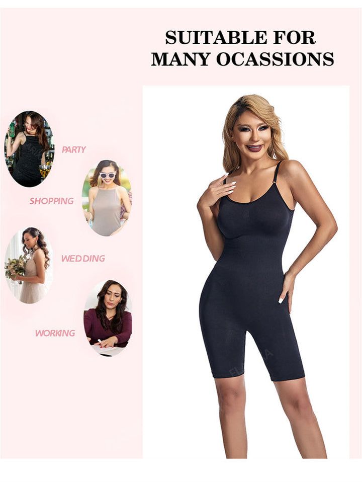 Frau in schwarzem Shapewear-Body, vielseitig für Party, Shopping, Hochzeit, Arbeit.