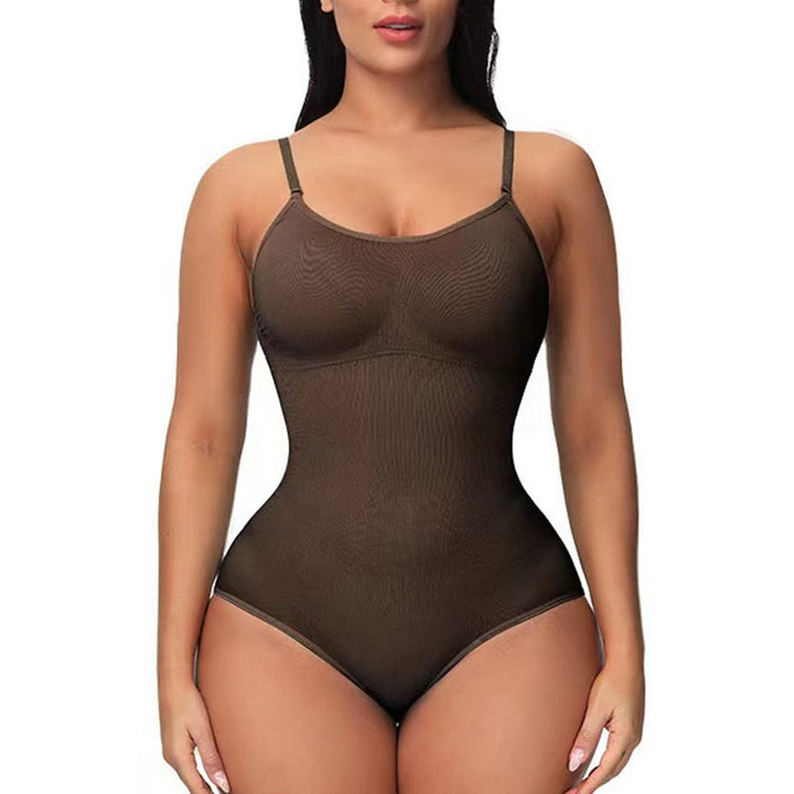 Damen Shapewear Bodysuit, nahtlos, braun, figurformend, verstellbare Träger, Unterwäsche.