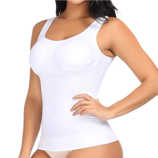 Weiße Damen Shapewear Tanktop, nahtlos, figurformend, ärmellos, elastisch, bequem.
