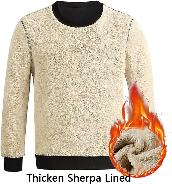 Beige Sherpa-Pullover, dick gefüttert, warm, Wintermode, Unisex, gemütlich, flauschig.