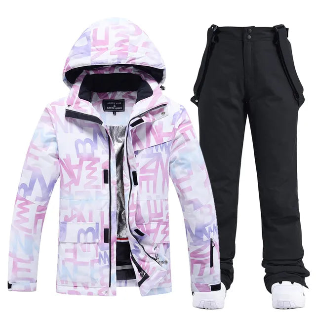 Damen Skianzug, winddicht, wasserdicht, bunte Jacke mit Kapuze, schwarze Hose, Wintermode.