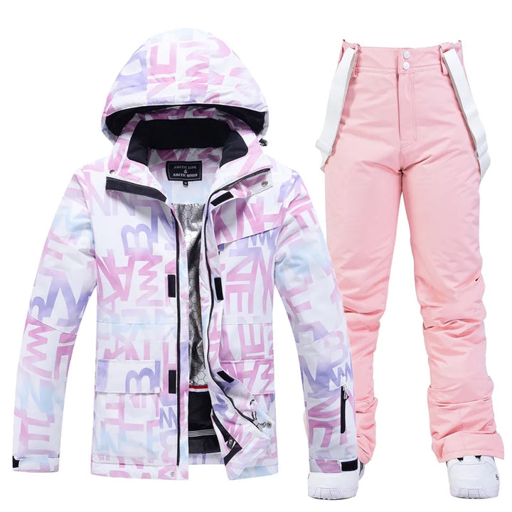 Damen Skianzug, winddicht, wasserdicht, rosa, Buchstabenmuster, Winter Snowboardjacke und Hose.