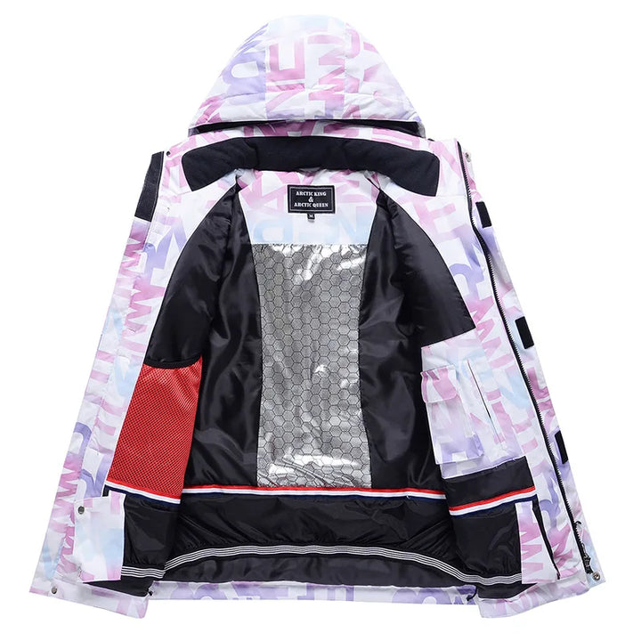 Damen Skijacke bunt, winddicht, wasserdicht, ideal für Snowboarden und Winteraktivitäten.
