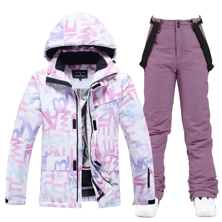 Damen Skianzug, winddicht, wasserdicht, lila Jacke und Hose, Wintermode, Snowboarden.