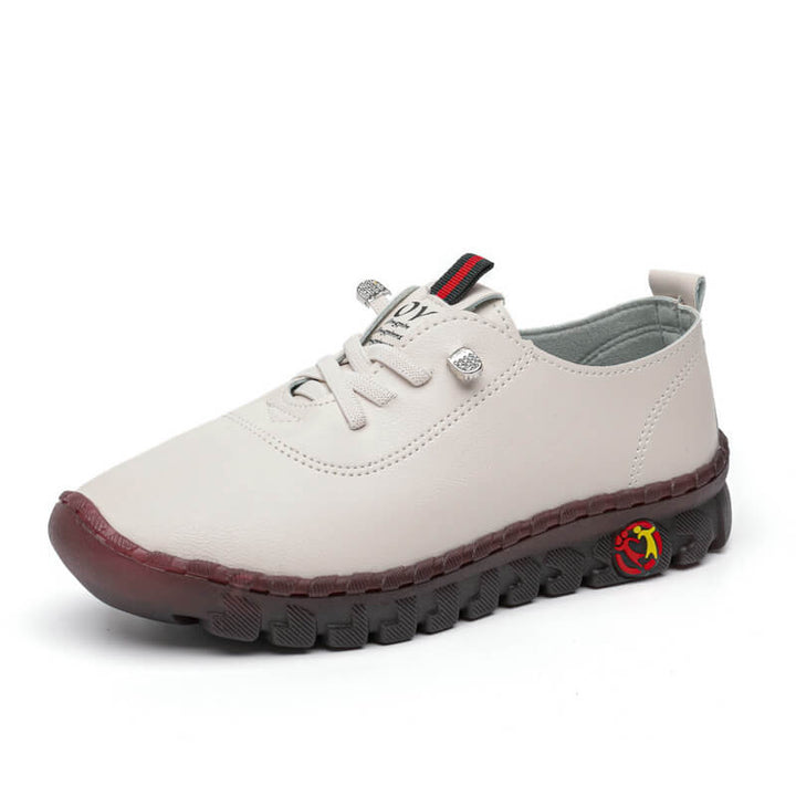 Beiger Damen-Sneaker, Leder, rutschfeste Sohle, modisch, bequem, Freizeit-Schuh.