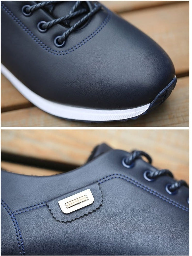 Dunkelblaue Lederschuhe, Schnürschuhe, Herrenmode, elegante Freizeitschuhe, Nahaufnahme.