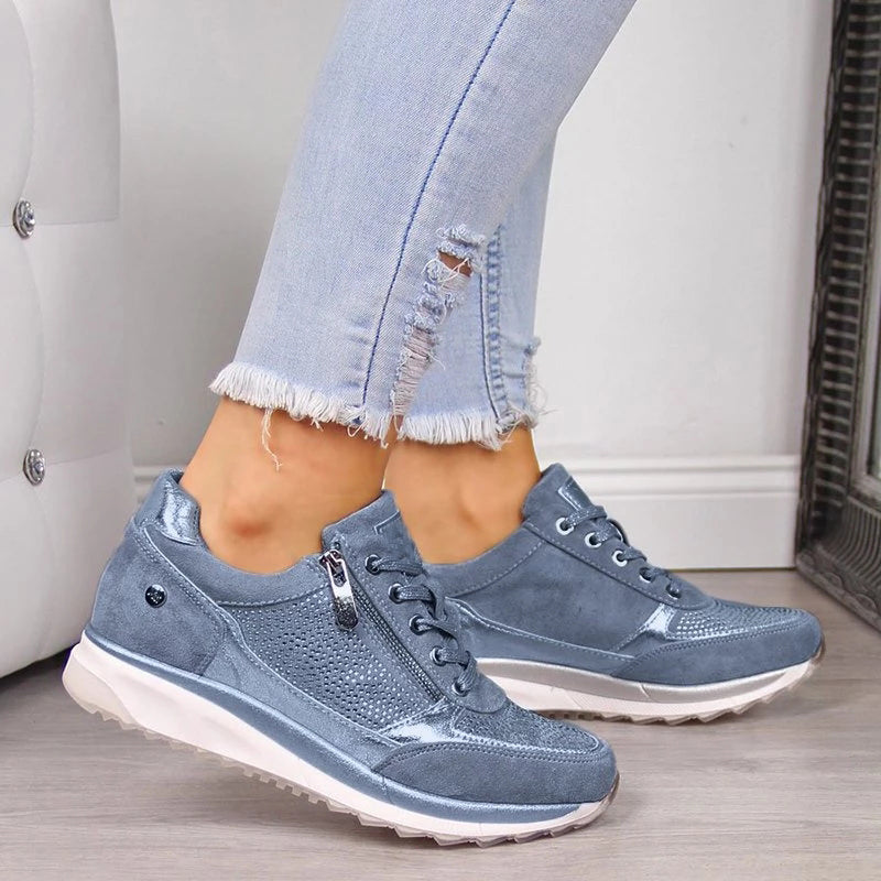 Damen Sneaker blau, Leder, Reißverschluss, sportlich, bequem, modisch, Freizeit, Jeans-Look.