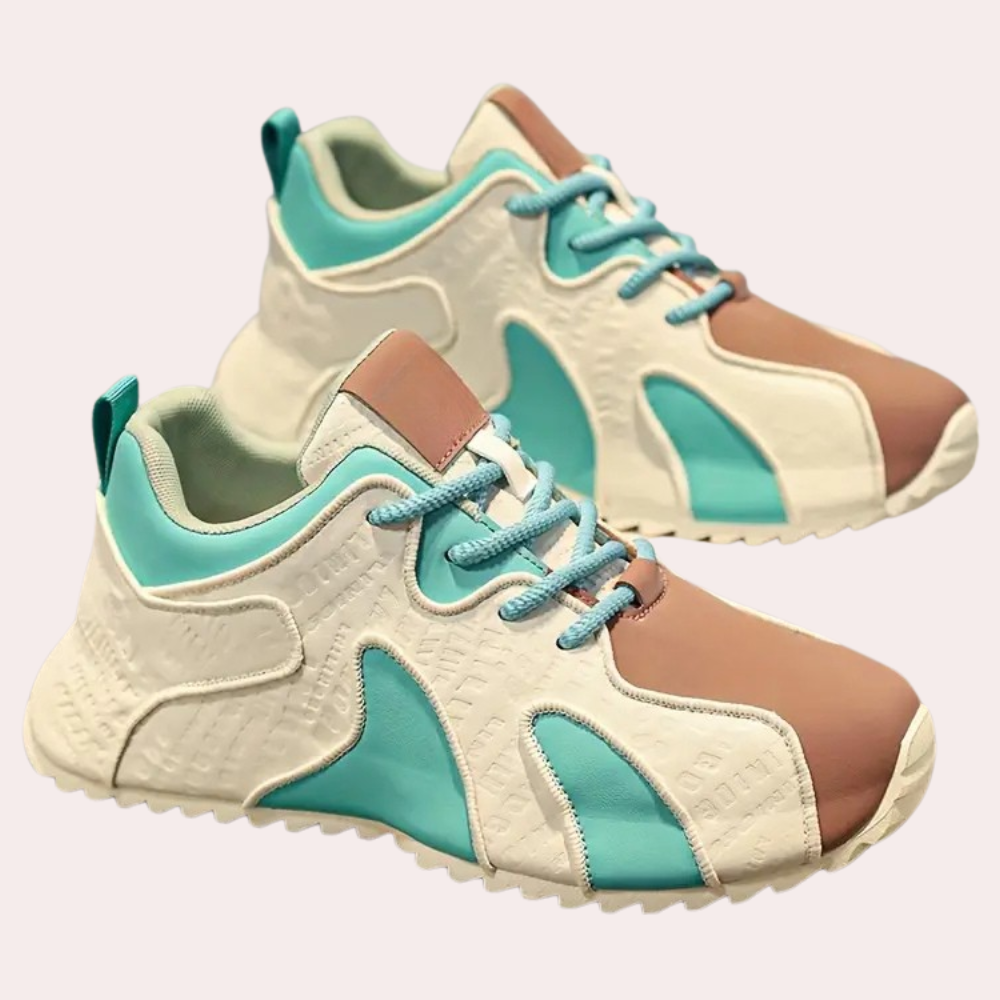 Modische Sneaker, beige und türkis, mit blauen Schnürsenkeln, für Damen, Freizeitmode.
