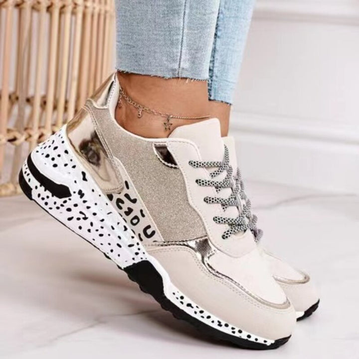 Damen-Sneaker beige-gold, Glitzer, gepunktete Sohle, modisch, bequem, Freizeitschuh.