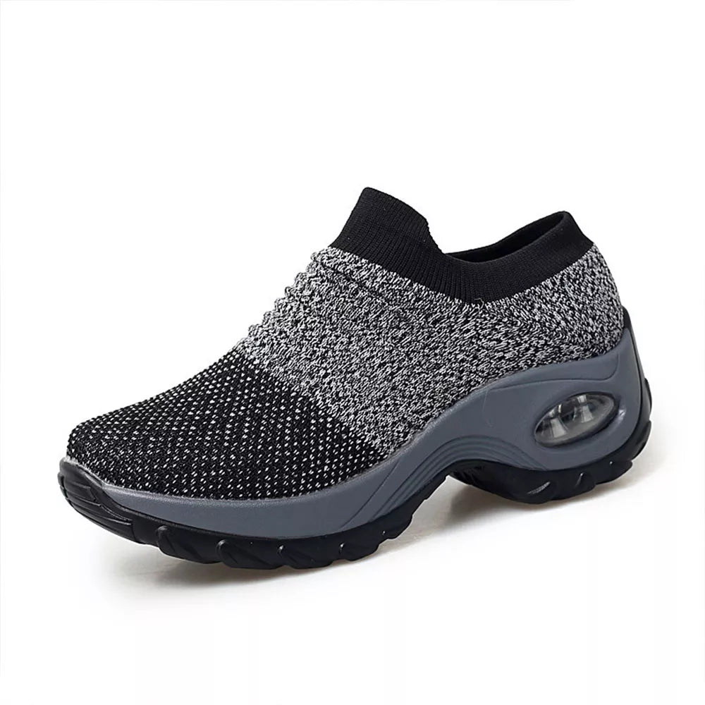 Schwarze Damen-Sneaker mit Luftkissen, bequem, atmungsaktiv, rutschfeste Sohle.