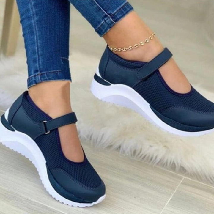 Damen Sneaker Ballerinas, dunkelblau, atmungsaktiv, Klettverschluss, weiße Sohle, bequem.