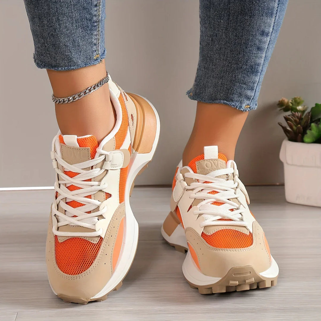 Damen-Sneaker, orange-beige, Mesh-Leder, modisch, bequem, Freizeit, Jeans, Pflanzen-Deko.