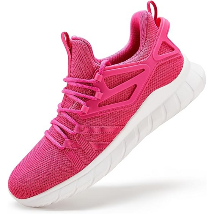 Pinkfarbener Sportschuh aus Mesh mit weißer Sohle, ideal für Damen-Fitness und Laufen.