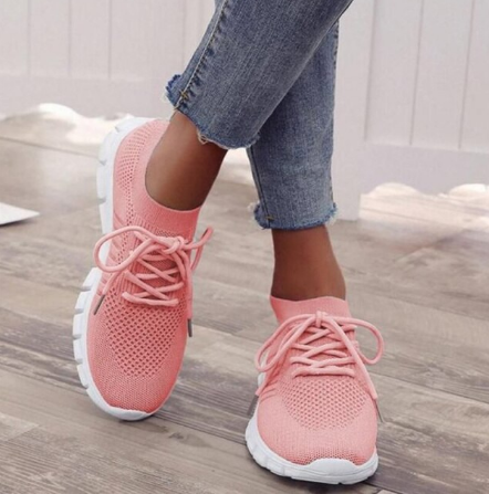 Damen Sneaker rosa, atmungsaktiv, Strickmaterial, Freizeit, modisch, bequem, weiße Sohle.