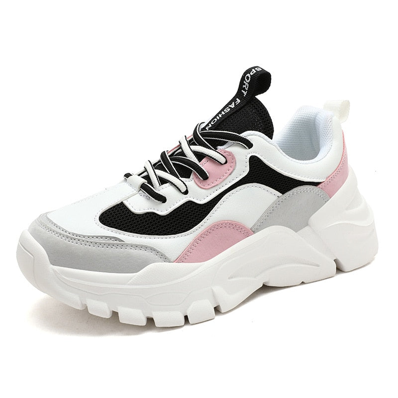 Weiße und rosa Damen-Sneaker, klobiges Design, atmungsaktives Mesh, modische Sportschuhe.