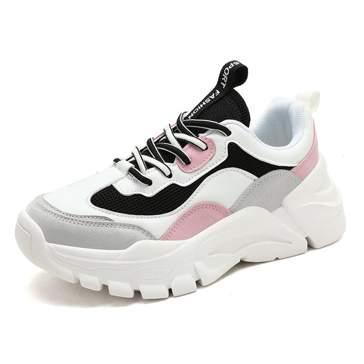 Weiße und rosa Damen-Sneaker, klobiges Design, atmungsaktives Mesh, modische Sportschuhe.