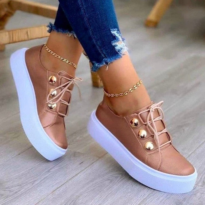 Damen Sneaker, roségold, Plateau, weiße Sohle, modisch, bequem, Freizeit, Jeans, Fußkettchen.