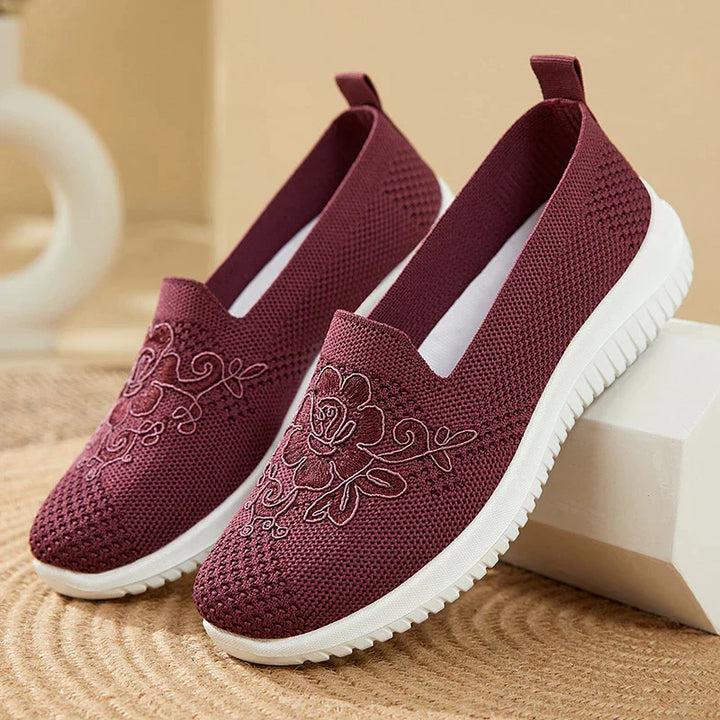 Damen Sneaker, bordeaux, Mesh, Blumenmuster, atmungsaktiv, rutschfest, bequem, Freizeit.