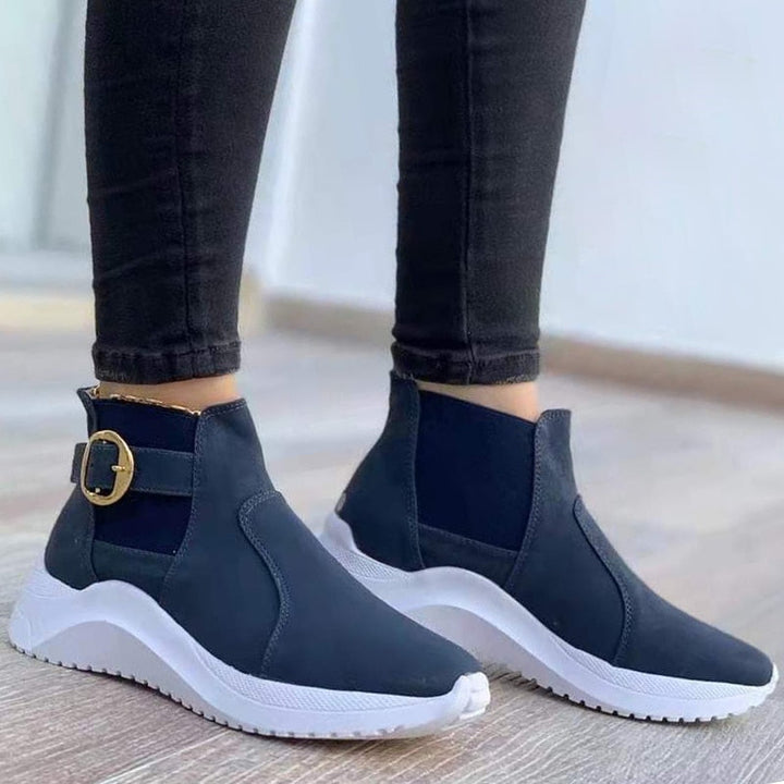 Damen Sneaker Stiefeletten, schwarz, mit Schnalle, rutschfeste Sohle, modisch und bequem.