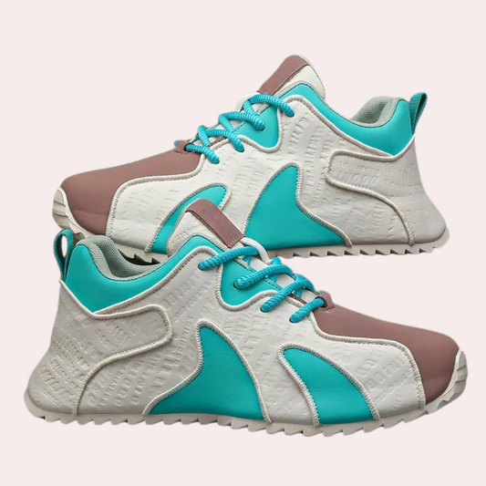 Weiße und türkisfarbene Sneaker mit braunen Akzenten, sportliches Design, bequeme Freizeitschuhe.