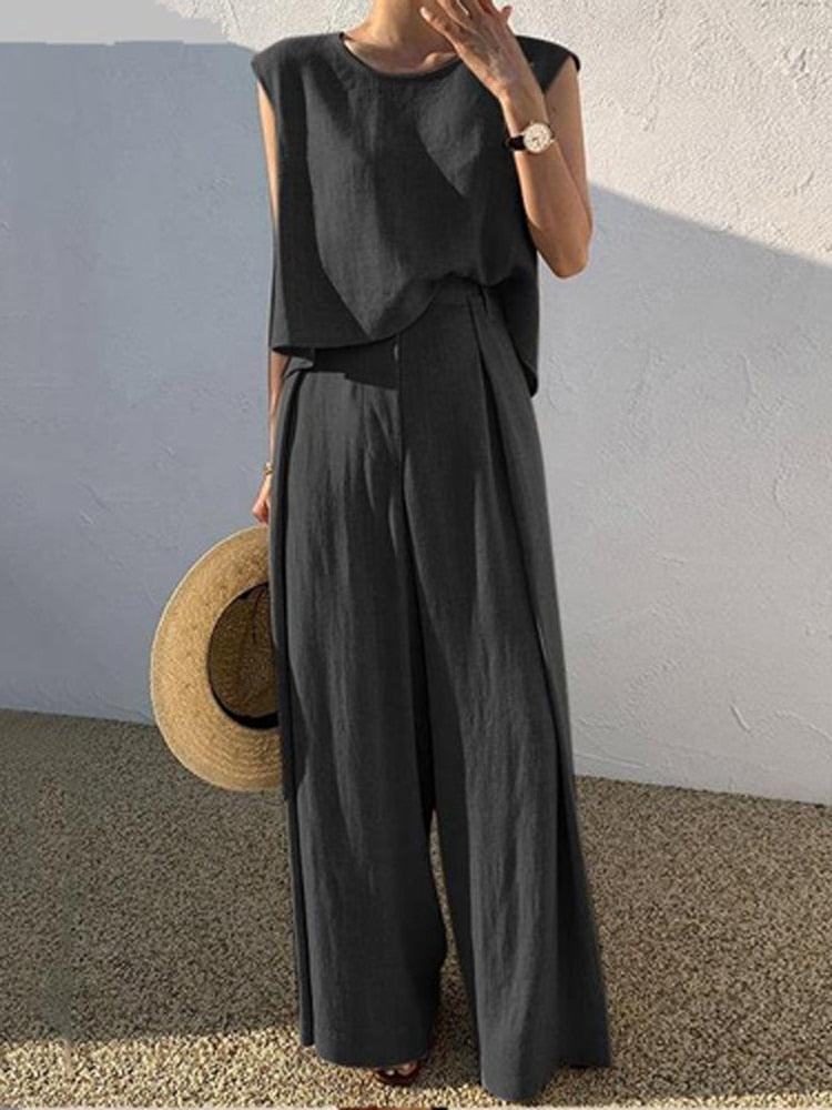 Damen Sommeranzug, ärmelloses Oberteil, weite Hose, dunkelgrau, lässig, elegant, Leinenoptik.