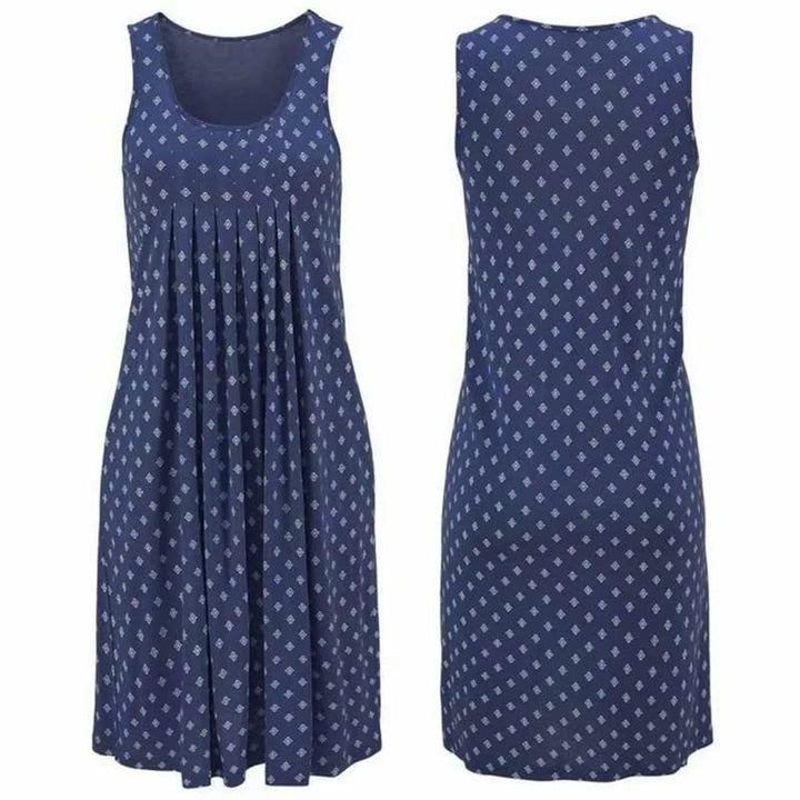 Ärmelloses blaues Sommerkleid mit weißem Muster, knielang, aus Baumwolle.