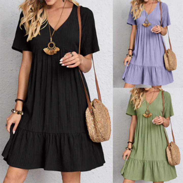 Damen-Sommerkleid in Schwarz, Lila, Grün, V-Ausschnitt, Kurzarm, lässig, mit Strohtasche.