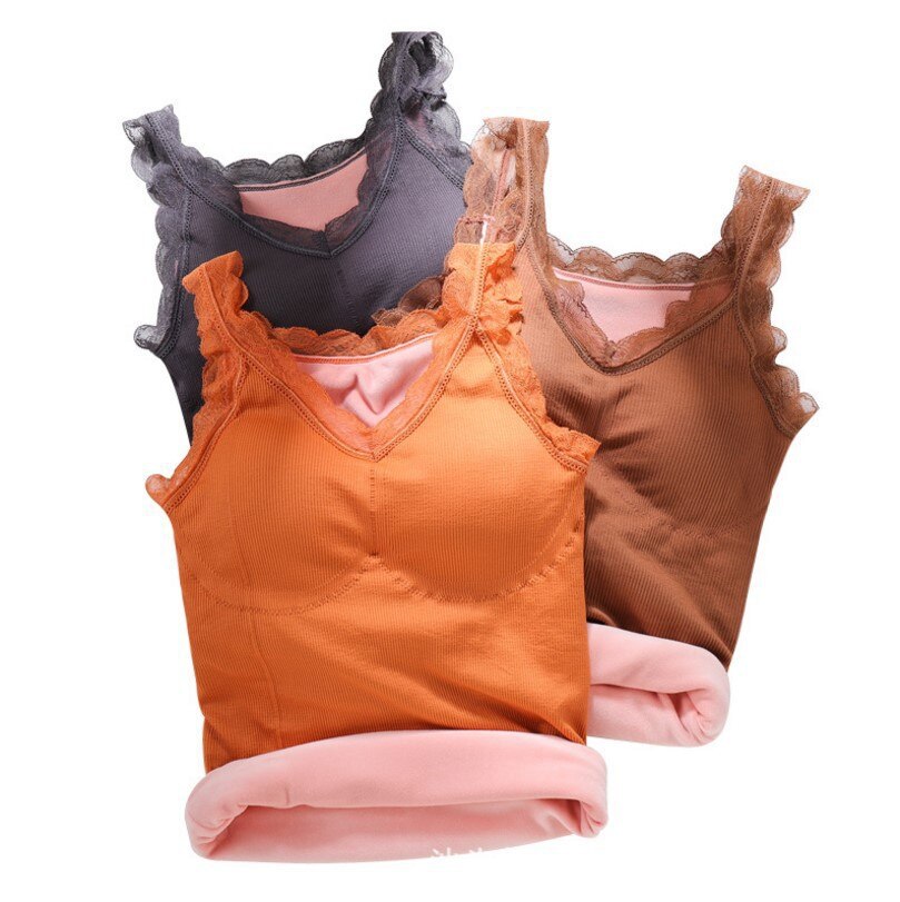 Damen Thermo-Unterhemd Set, Spitze, Orange und Braun, Wintermode, warm, bequem.