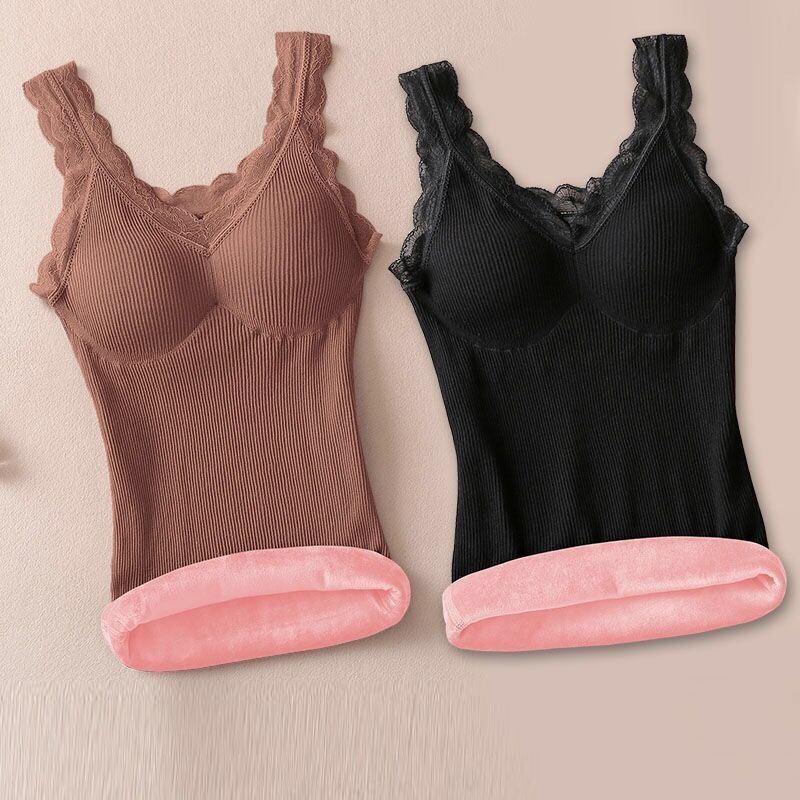 Damen Thermo-Unterhemd Set, braun und schwarz, Spitze, gefüttert, nahtlos, Winterbekleidung.