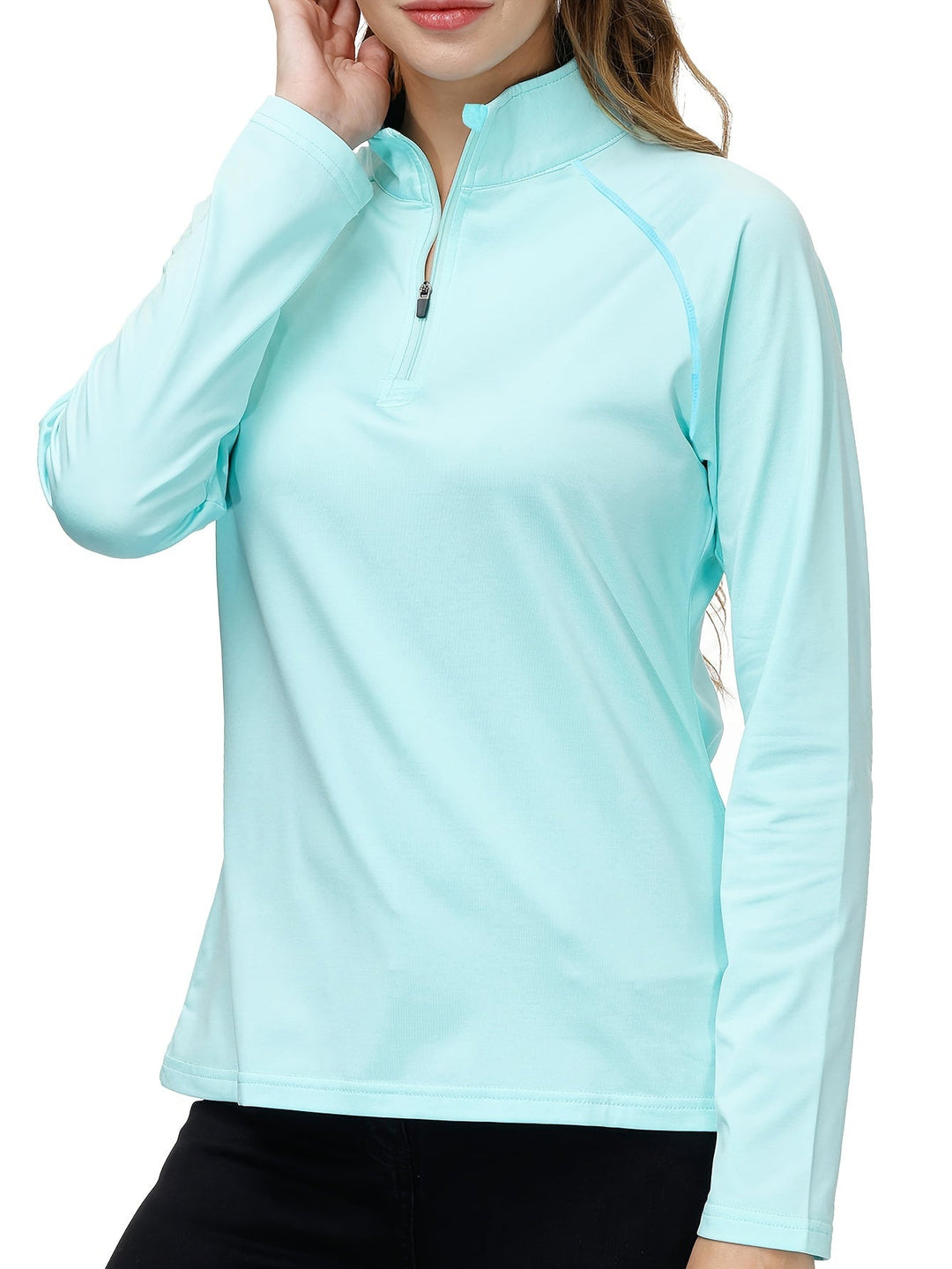 Damen Langarmshirt, hellblau, Reißverschluss, Sportbekleidung, atmungsaktiv, Freizeitmode