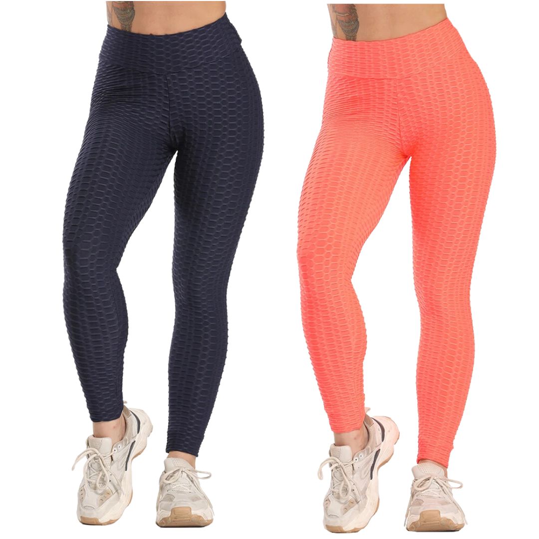 Zwei Damen-Sportleggings, dunkelblau und orange, mit Wabenmuster, ideal für Fitness und Yoga.