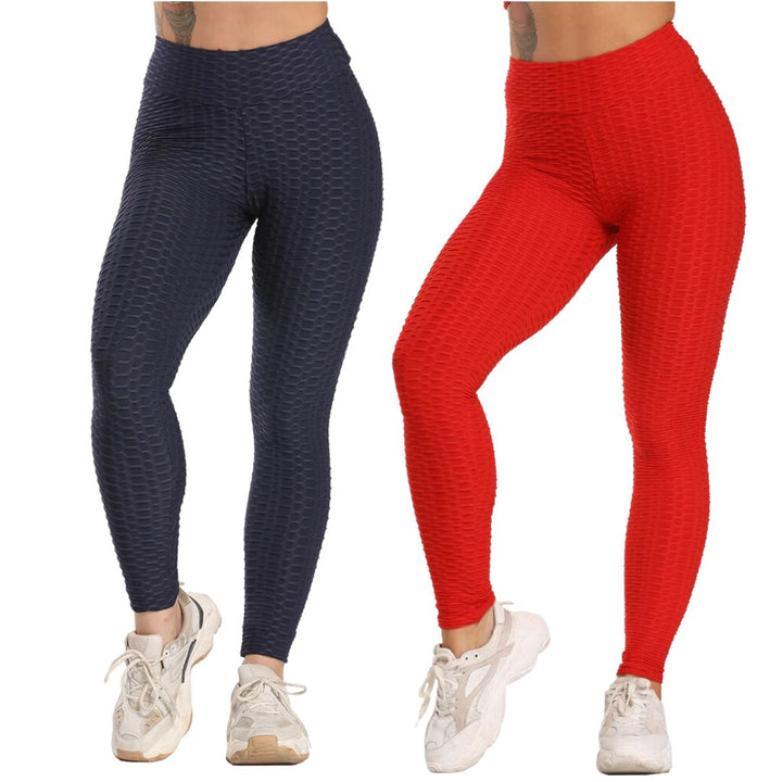 Zwei Damen-Leggings, blau und rot, mit Wabenmuster, sportlich, figurbetont, elastisch.