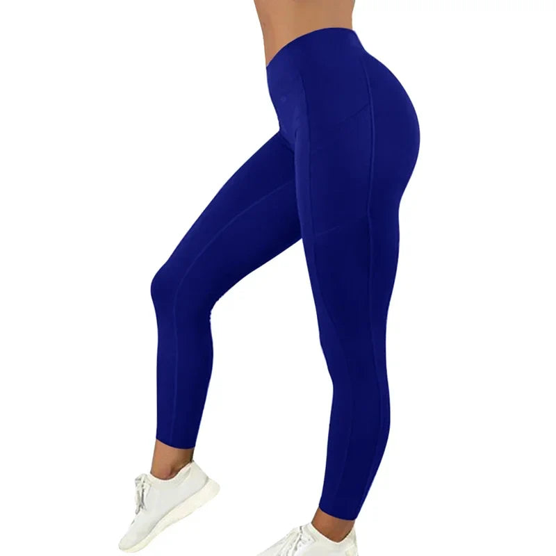 Damen Sportleggings blau, hohe Taille, elastisch, Fitness, Yoga, bequeme Passform.