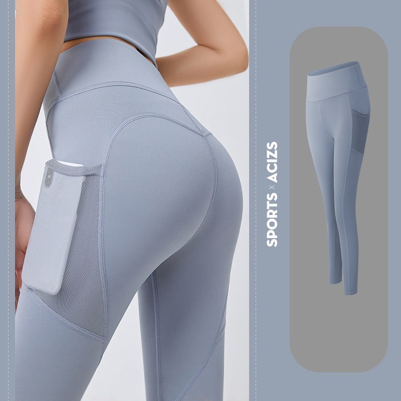 Damen Sportleggings, hellblau, mit Tasche, elastisch, atmungsaktiv, Fitnessbekleidung.