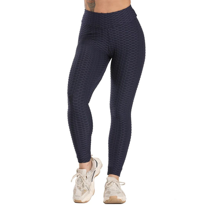 Dunkelblaue Damen-Leggings mit Wabenmuster, hohe Taille, sportlich, bequem, elastisch.