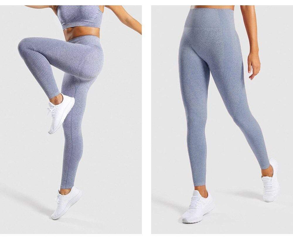 Damen Sport-Leggings, grau, nahtlos, hoch tailliert, atmungsaktiv, für Fitness und Yoga.