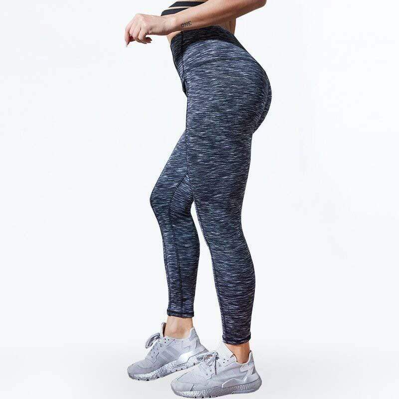 Damen Sport-Leggings, grau meliert, figurformend, hoher Bund, Fitnessbekleidung.