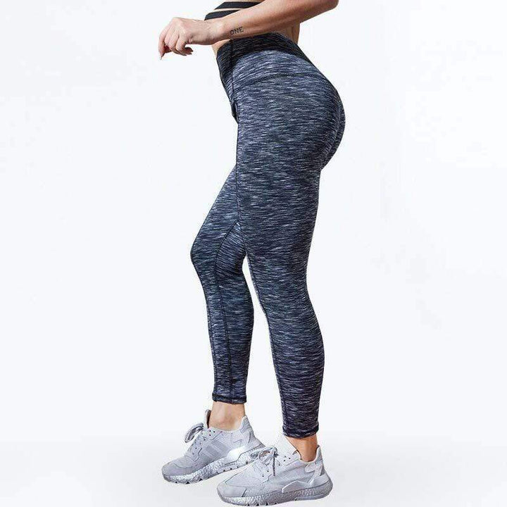 Damen Sport-Leggings, grau meliert, figurformend, hoher Bund, Fitnessbekleidung.