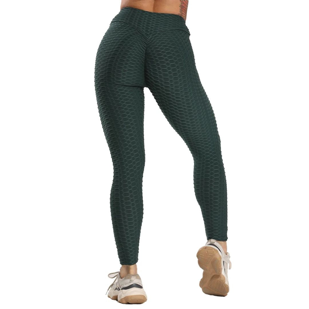 Dunkelgrüne Leggings mit Wabenmuster, hoch tailliert, Sportbekleidung, Damenmode.