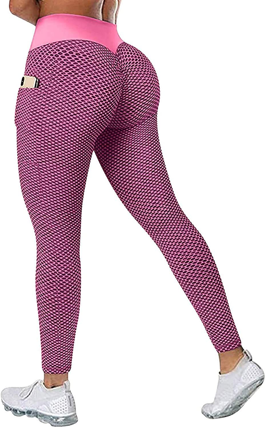 Damen Sportleggings rosa, hohe Taille, Wabenmuster, mit Tasche, Fitness, Yoga, elastisch
