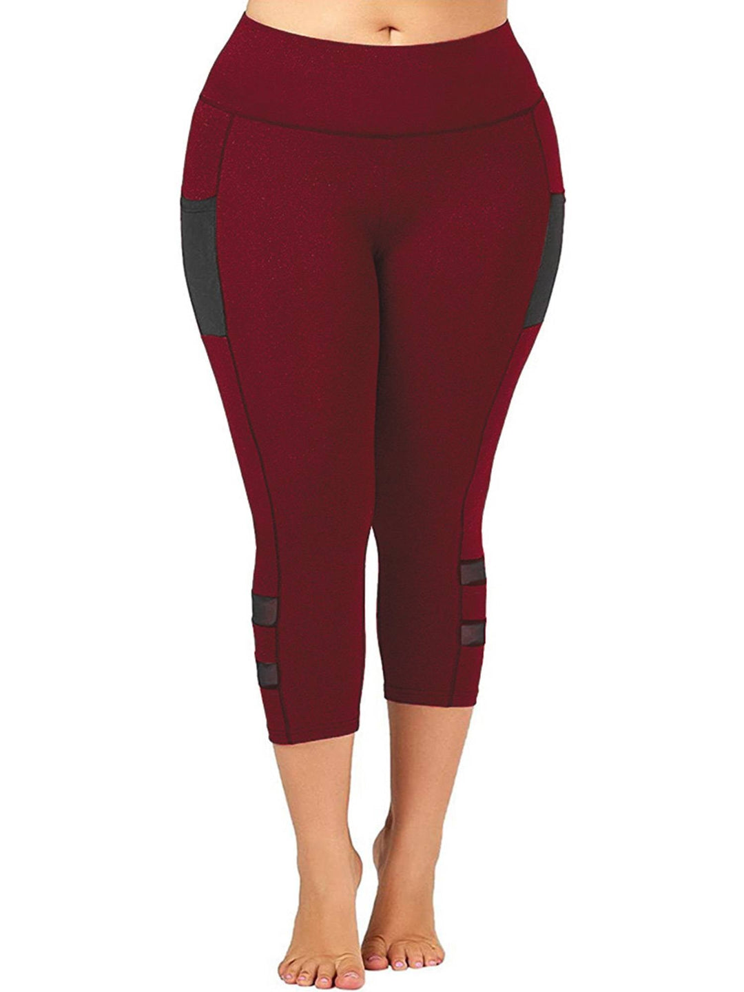Damen Sportleggings bordeaux, knielang, mit schwarzen Akzenten, elastisch, Fitnessbekleidung.