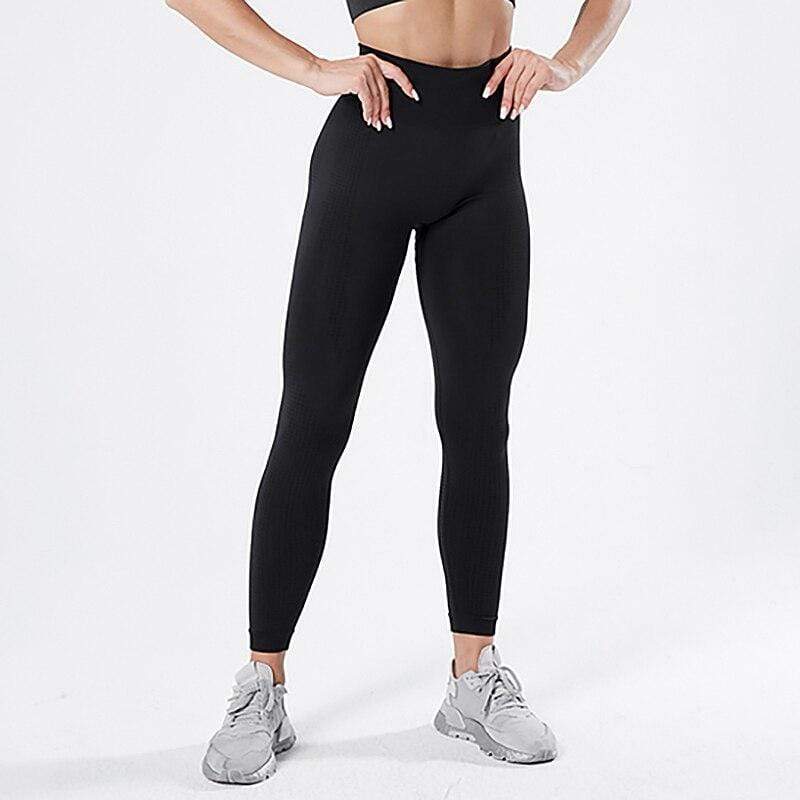 Schwarze, figurformende Leggings für Damen, nahtlos, elastisch, ideal für Sport und Freizeit.